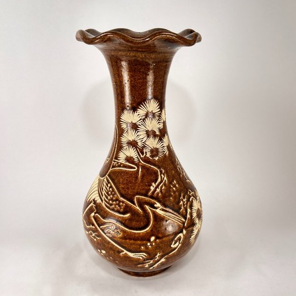 Sarawak Vase Clay Pottery Carved Crane Bird Glazed Brown Cream Ruffle Folk Art - Picture 2 of 13